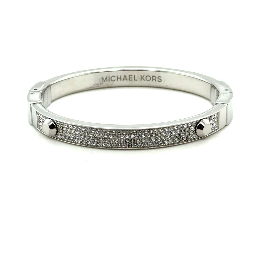 Michael Kors Silver Tone Pave Crystal Studded Hinged Bangle Bracelet